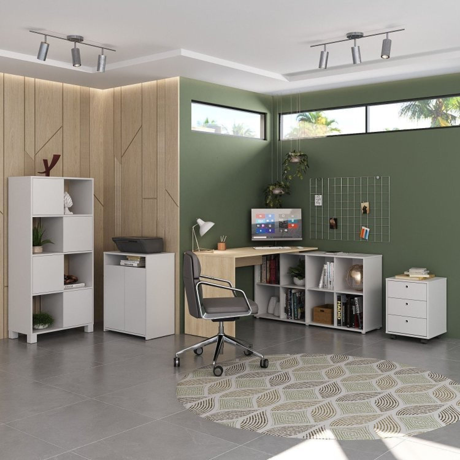 Conjunto Completo 4 Itens Com Escrivaninha Espaçosa Em L Gaveteiro 3 Gavetas Armário E Balcão Branco Com Carvalho