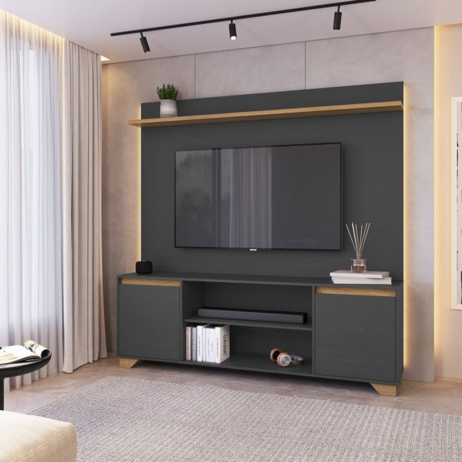 Conjunto Sala De Estar Rack 2 Portas Com Painel Para Tv Até 42 Polegadas Benevello Grafite/siena