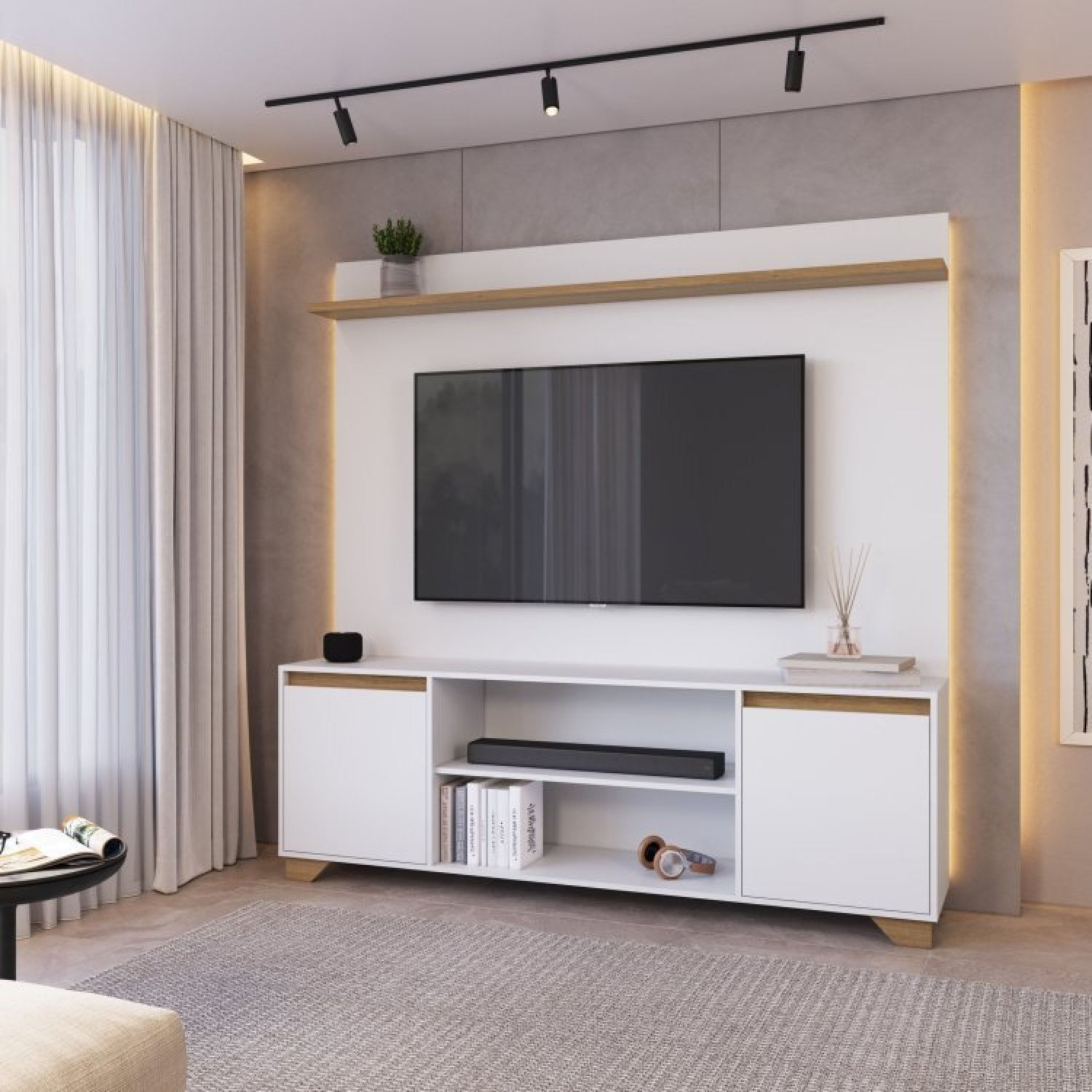 Conjunto Sala De Estar Rack 2 Portas Com Painel Para Tv Até 42 Polegadas Benevello Branco/siena