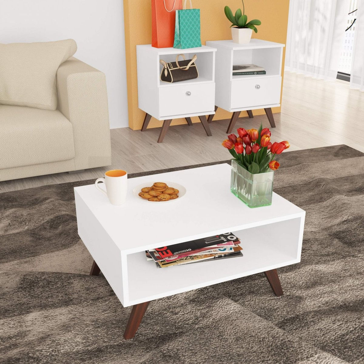 Conjunto Mesa de Centro e 2 Mesas Laterais com Nicho e Gaveta Movelbento Branco