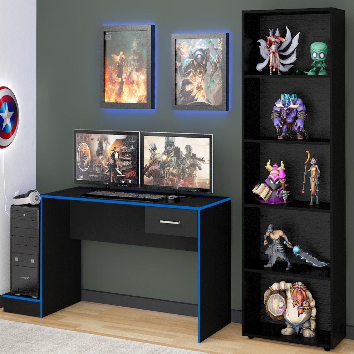 Kit 2 Peças Com 1 Escrivaninha Gamer E 1 Estante Para Livros 5 Prateleiras
