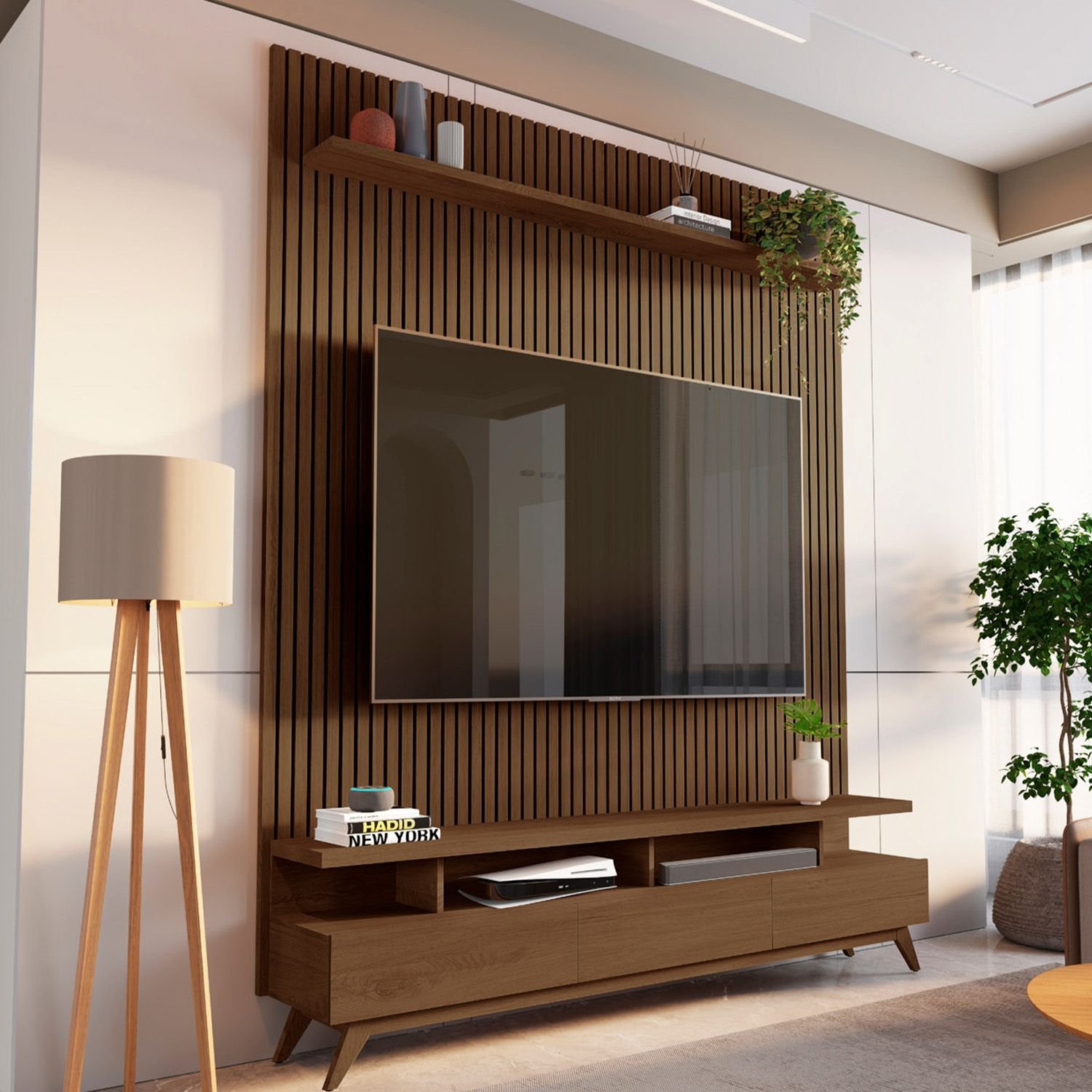 Rack Com Painel Ripado Para Tv Até 72 Polegadas 185x250cm 100% Mdf Yucca Cabecasa Madeiraoriginals Cedro