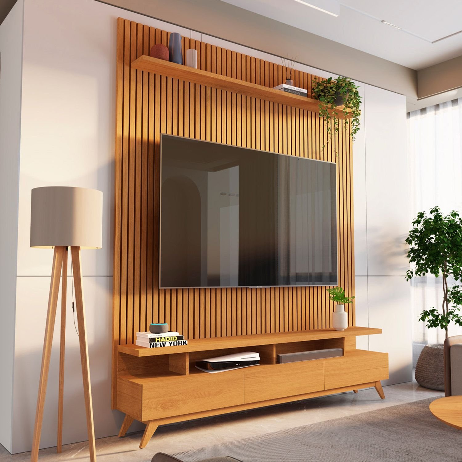 Rack Com Painel Ripado Para Tv Até 72 Polegadas 185x250cm 100% Mdf Yucca Cabecasa Madeiraoriginals Nature