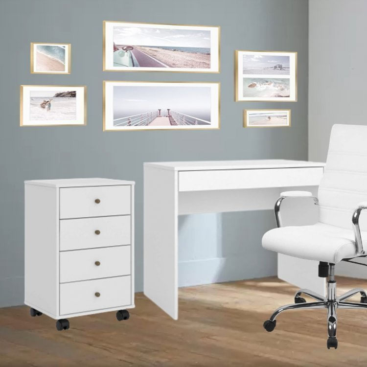 Conjunto Home Office 2 Peças Escrivaninha Facility e Gaveteiro Presence Branco Demóbile Branco