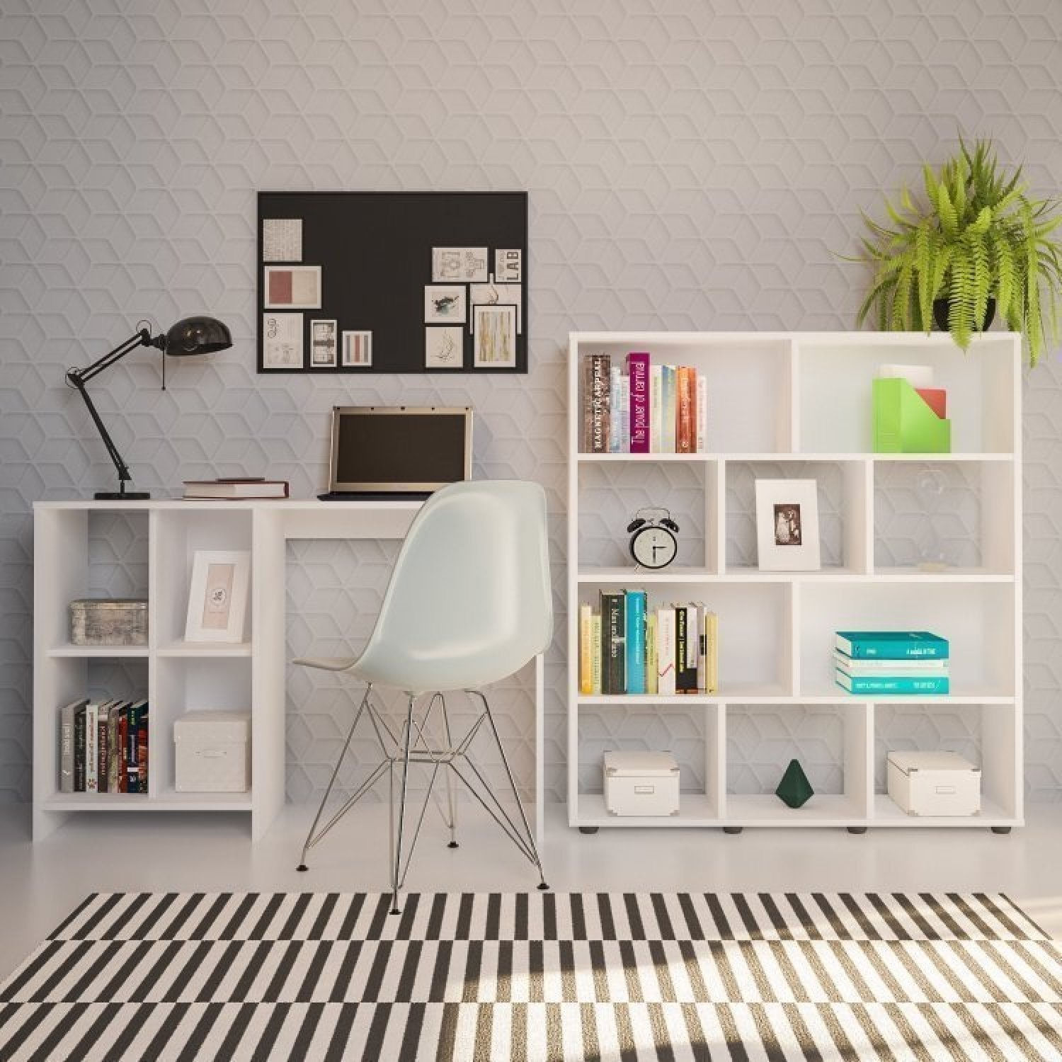 Kit 2 Peças 1 Escrivaninha 4 Nichos E 1 Estante Para Livro 10 Nichos