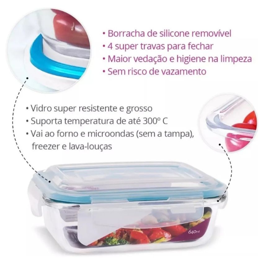 Kit 02 Potes Vidro Hermético Marmita Mantimentos 640ml - Pote Vidro Retangular Tampa Hermetico Com Vedação - Panami - imagem 5