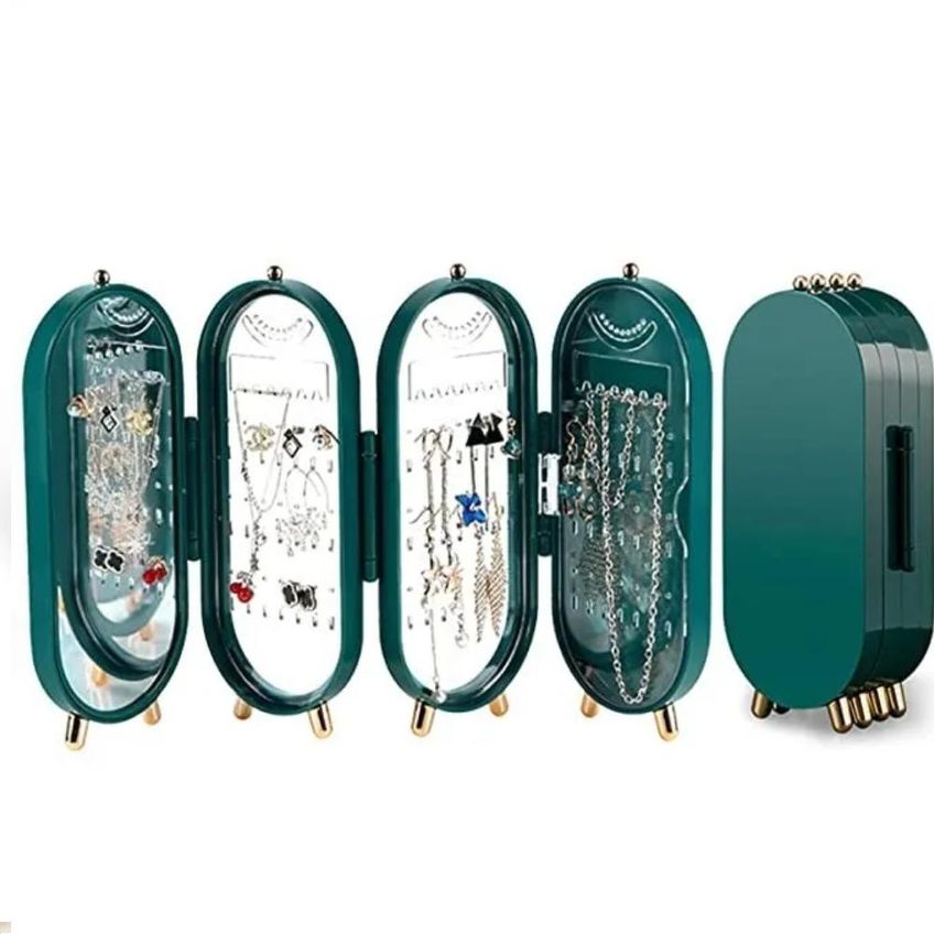Porta Joias Dobravel Espelho 3 Compartimentos Acrilico Organizador Caixa Armazenadora Verde acessorios - imagem 4