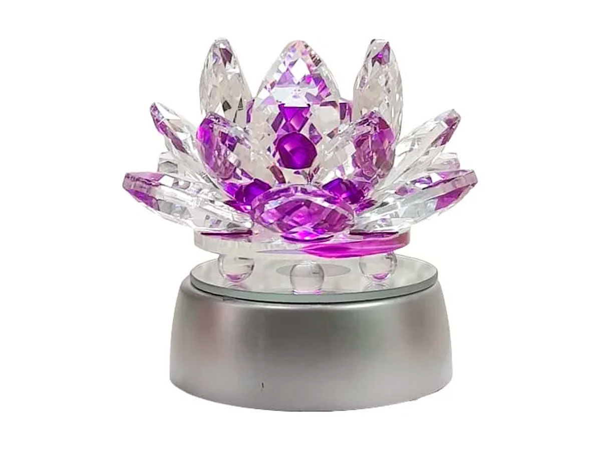 Enfeite Escultura De Vidro Flor De Lotus De 8cm Com Base Espelhada Led Rgb Enfeite De Crista