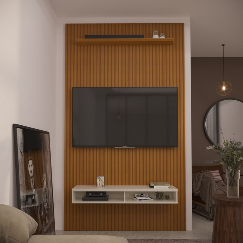 Painel Ripado 3d Para Tv Até 55 Polegadas Print Com Nicho 135cm Cor:cedro