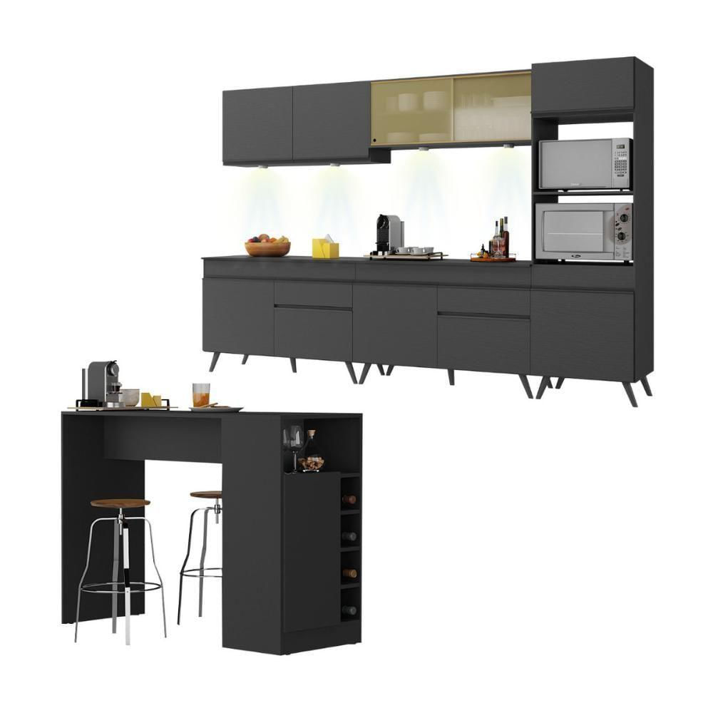 Armário De Cozinha Completa Com Bancada Americana Veneza Multimóveis Mp2199 Preto Preto