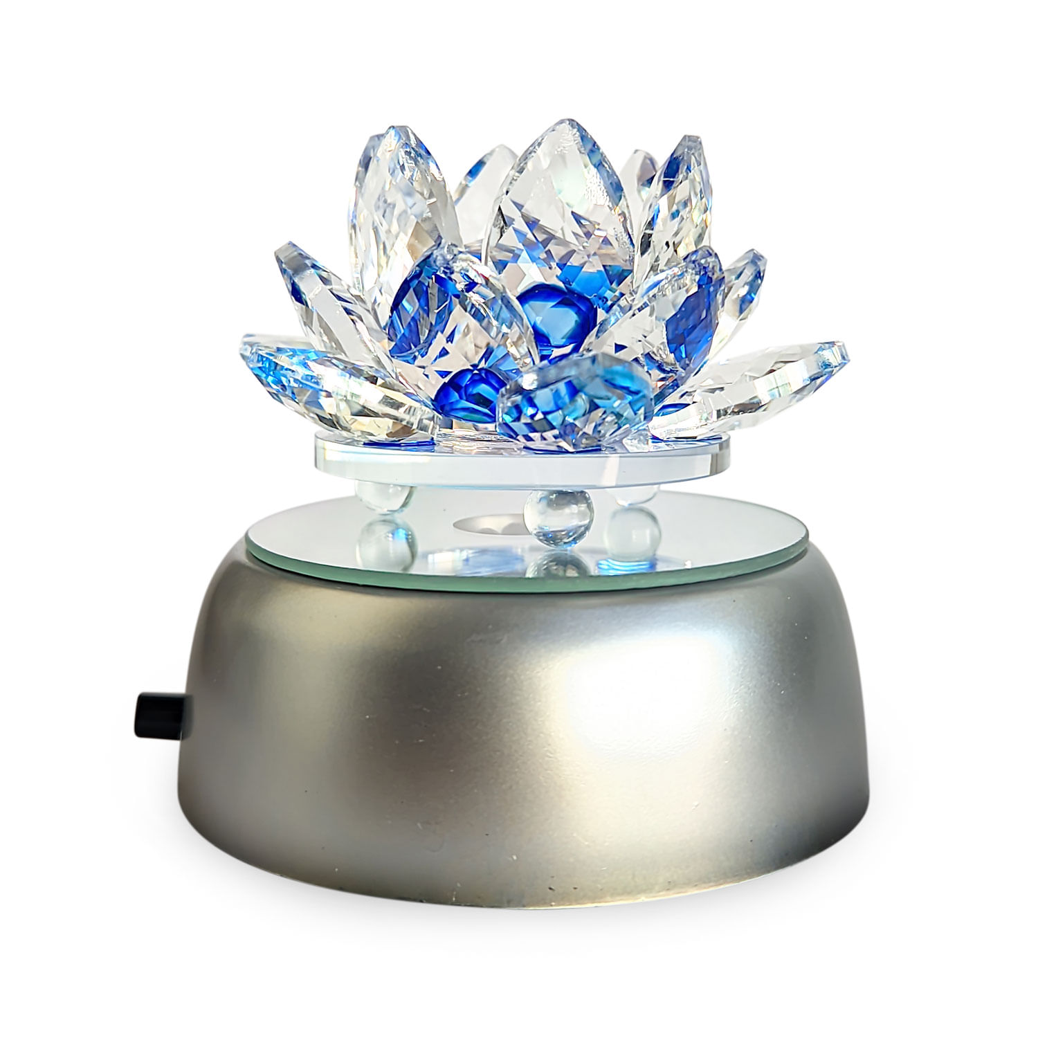 Enfeite Escultura De Vidro Flor De Lotus De 10cm Com Base Espelhada Led Rgb Enfeite De Cristal