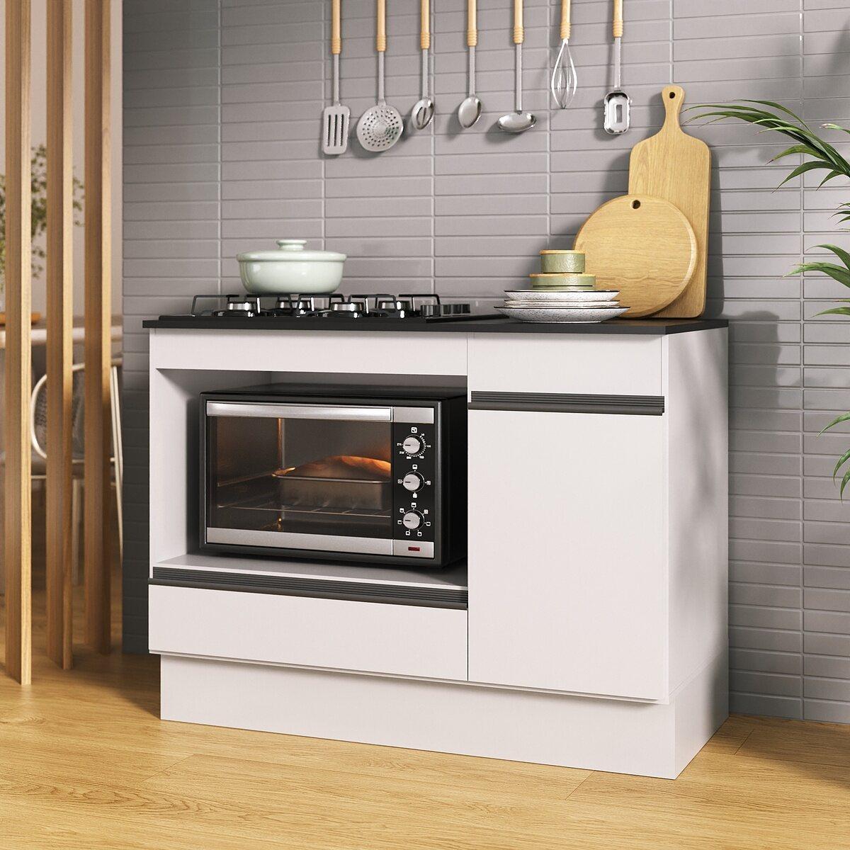 Balcão Cozinha Para Cooktop E Forno 105cm 1 Porta 1 Gaveta Com Rodapé Veneza Multimóveis Mp2295 - Branco/preto