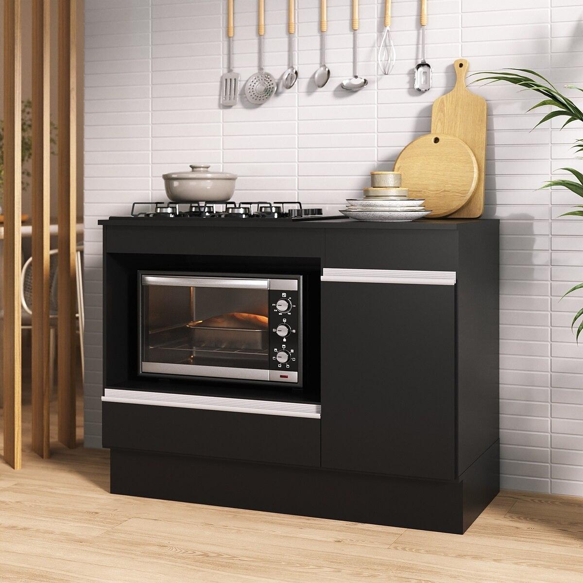 Balcão Cozinha Para Cooktop E Forno 105cm 1 Porta 1 Gaveta Com Rodapé Veneza Multimóveis Mp2295 - Preto/branco