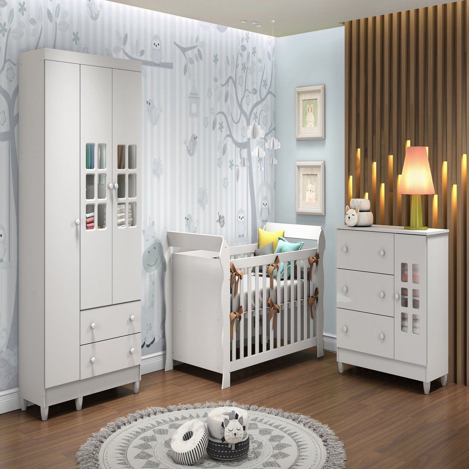 Dormitório Completo Roupeiro 3 Portas Maria, Cômoda Fraldário E Berço Mini Cama 3x1 Lara Branco