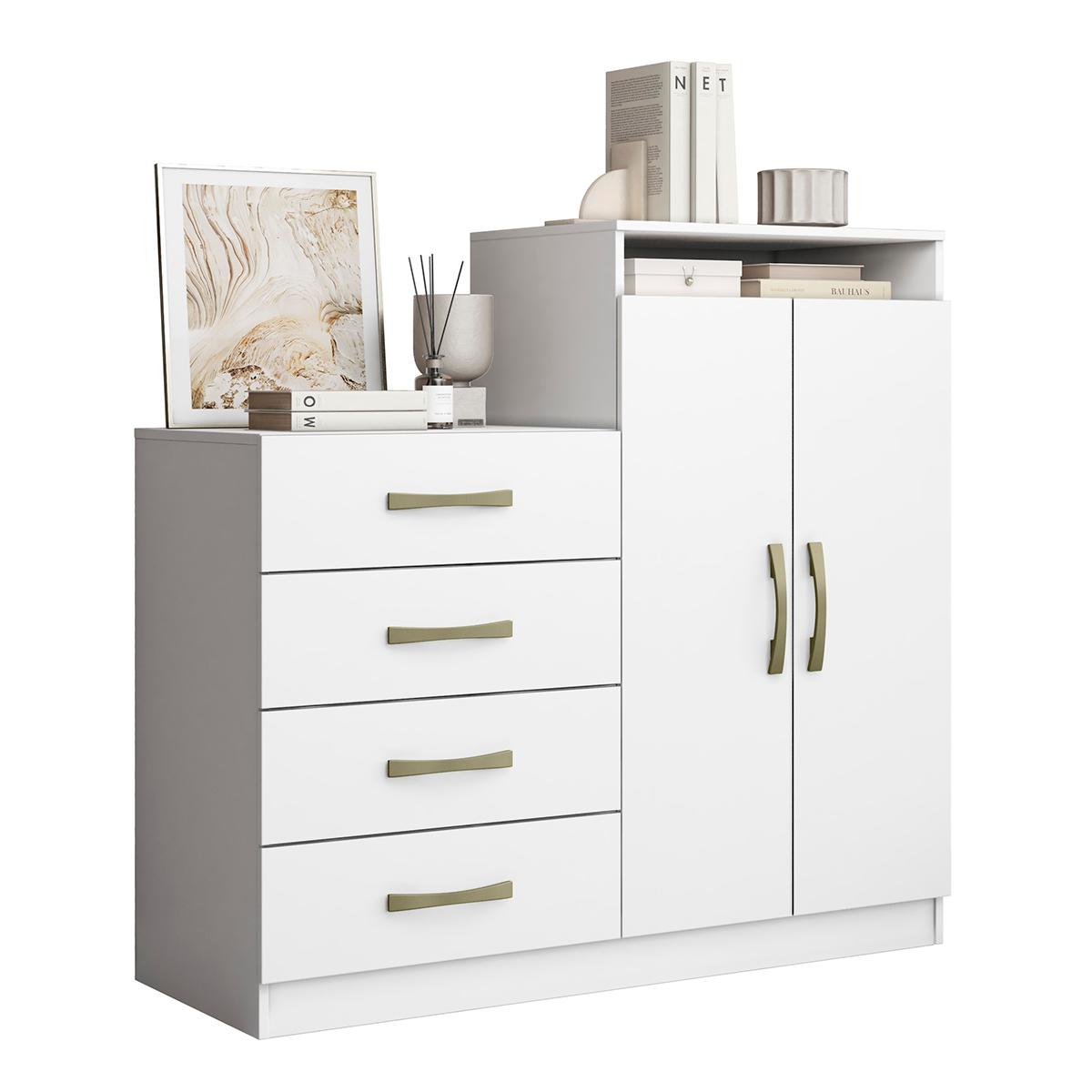 Comoda Londres Quarto Com 4 Gavetas E 2 Portas Funcional Branco