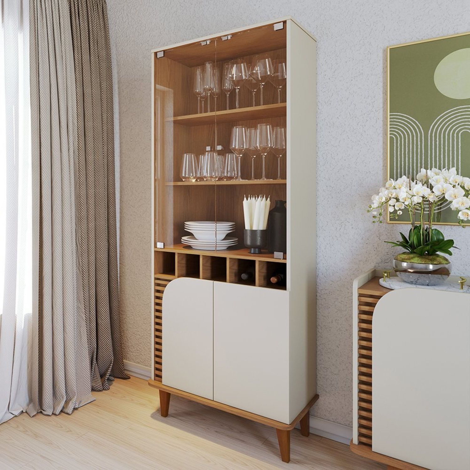 Cristaleira 2 Portas De Vidro Jurerê Off White Matte/freijó