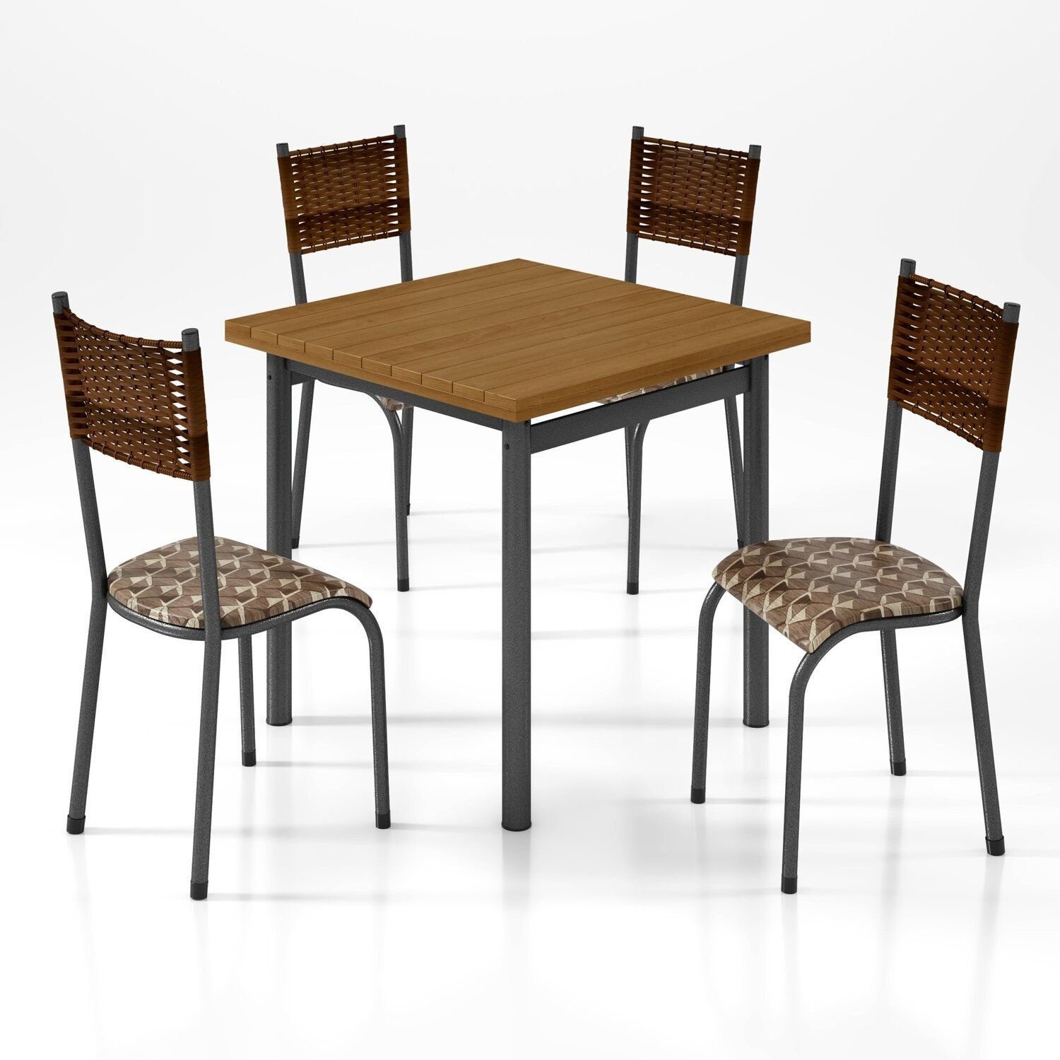 Conjunto Sala De Jantar 4 Lugares Mesa 75x75cm Tampo Madeira Maciça Ripado Mariana Prata/freijó