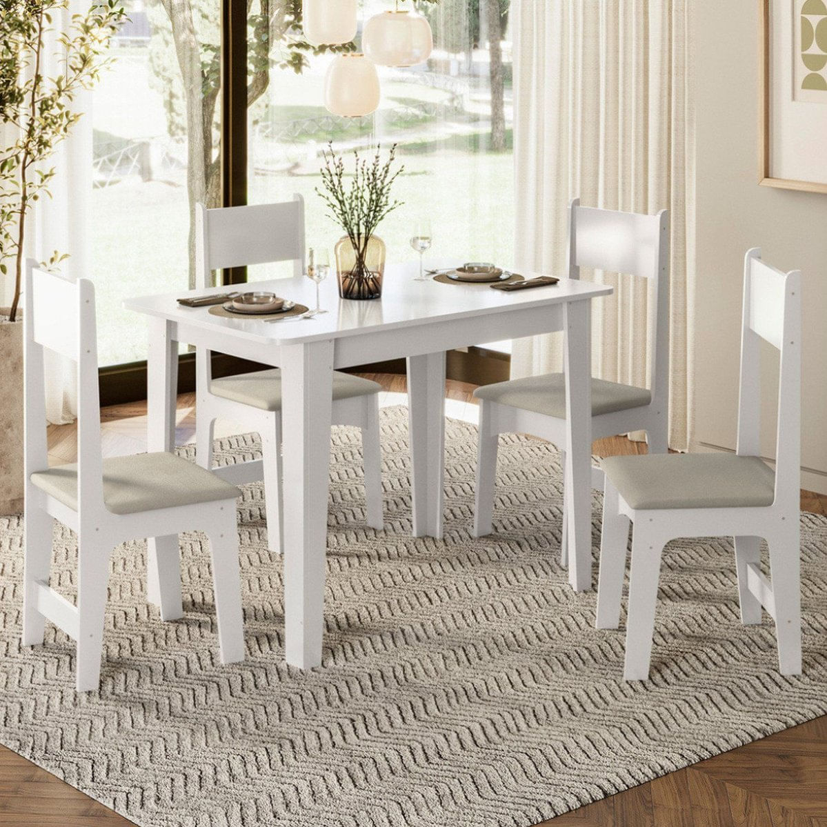 Sala De Jantar Mesa Com 4 Cadeiras Assento Delta Branco/savana