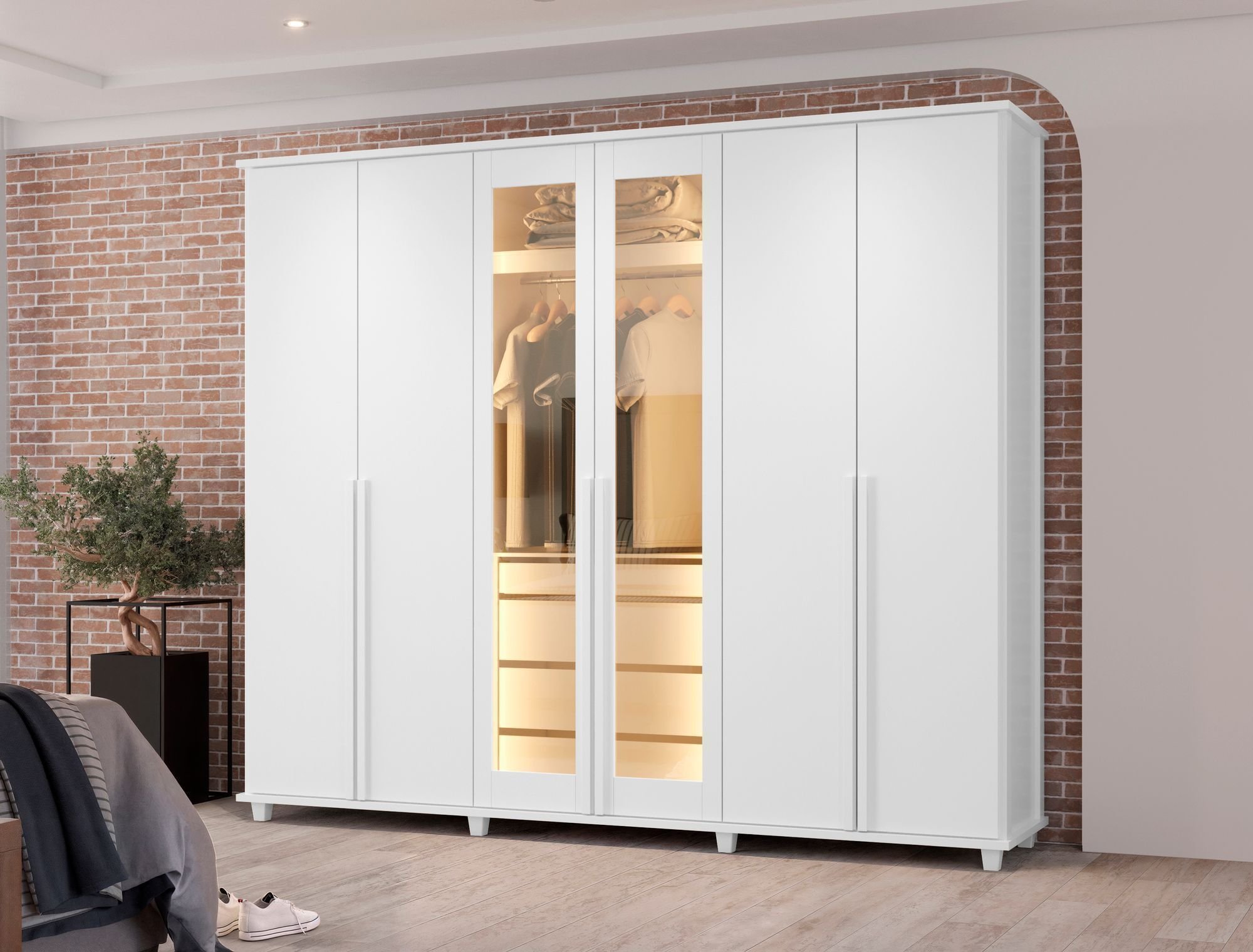 Guarda-roupa Casal 6 Portas 5 Gavetas Com Corrediças Telescópicas Nichos E Iluminação Led Bélgica Branco