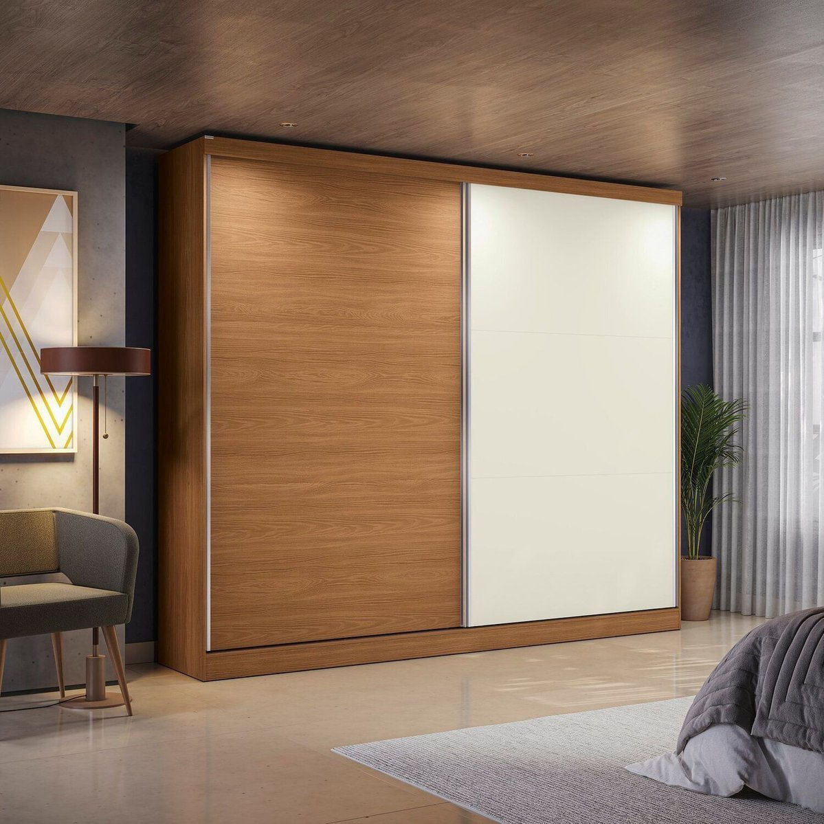 Guarda-roupa 2 Portas De Correr E 4 Gavetas Dormitorio Bigger Lo Canela/off Withe