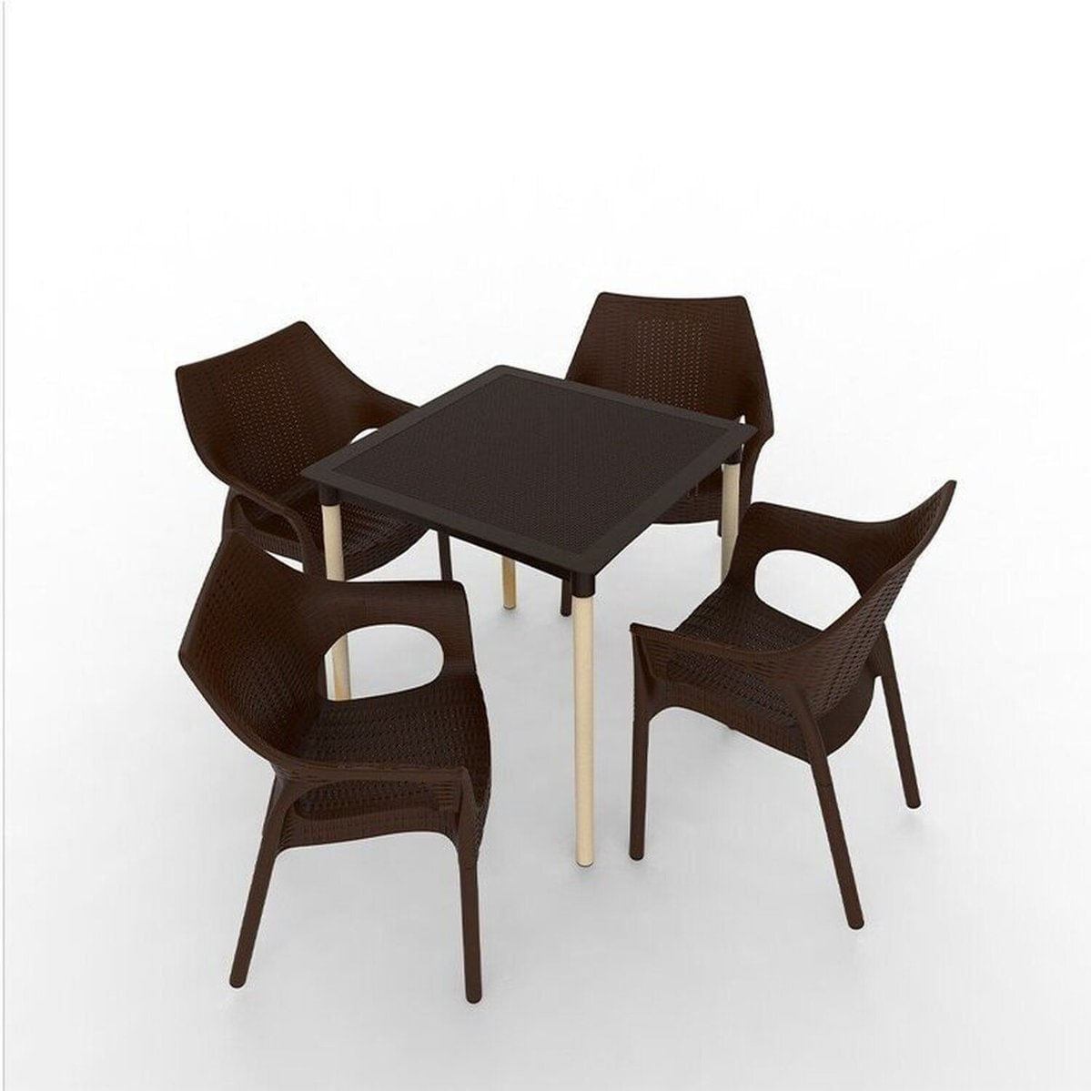 Conjunto Mesa Atto Rattan Com Pé Madeira E 4 Cadeiras Relic Chocolate