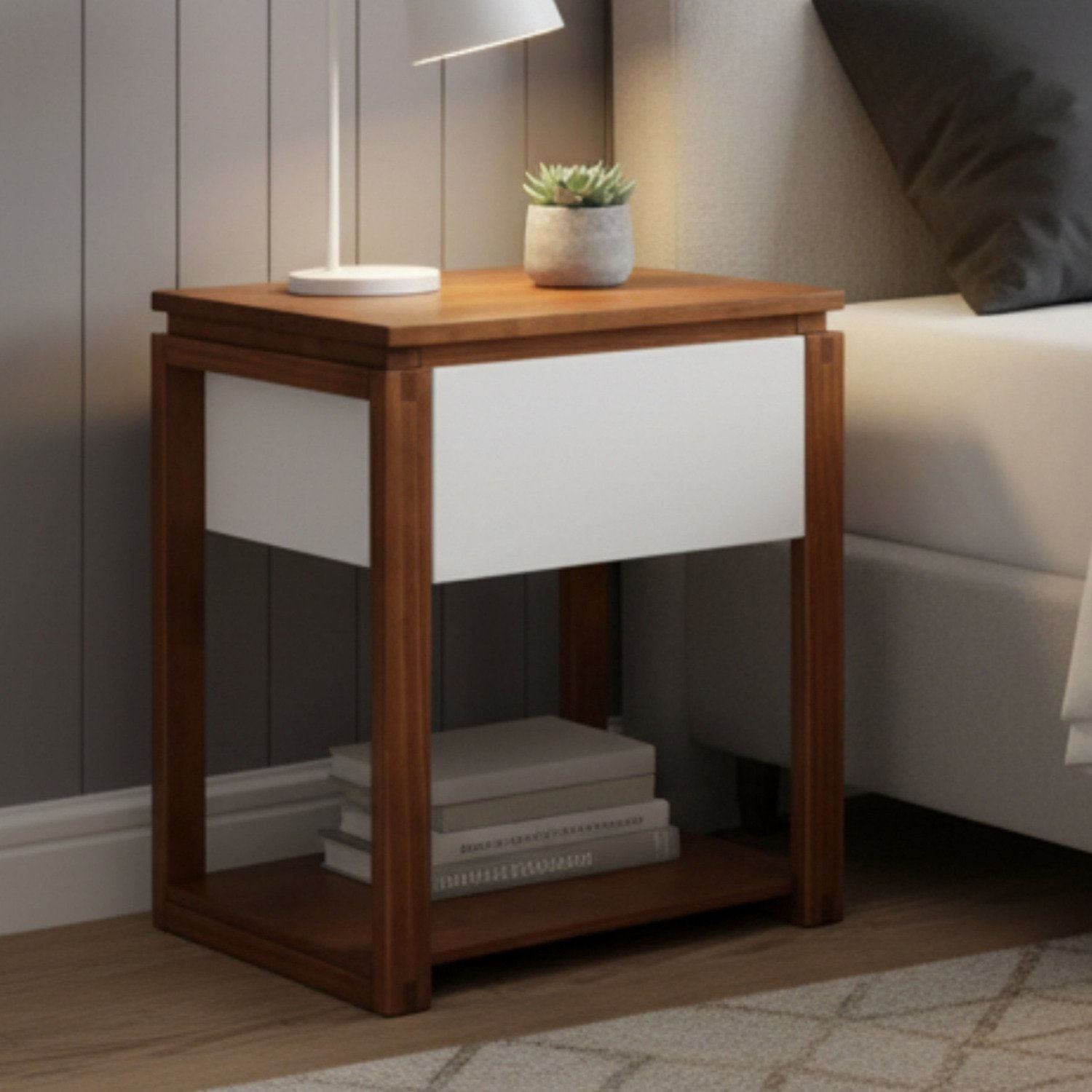 Mesa De Cabeceira 1 Gaveta E 1 Prateleira Em Madeira Maciça E Mdf Craft Branco / Garapa