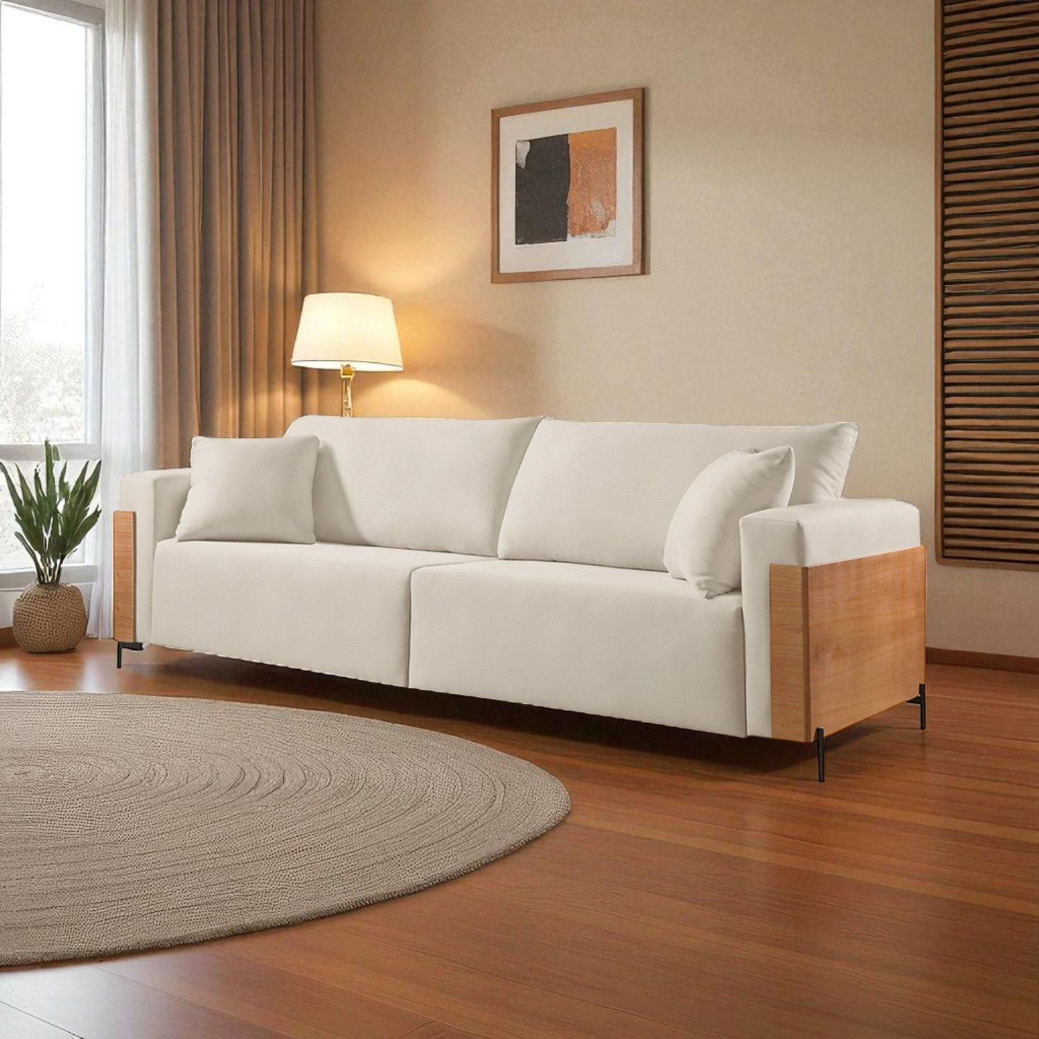 Sofá Fixo Heitor 4 Lugares Luxo Pé De Metal 2,60m Castellar Móbile Corino Off White