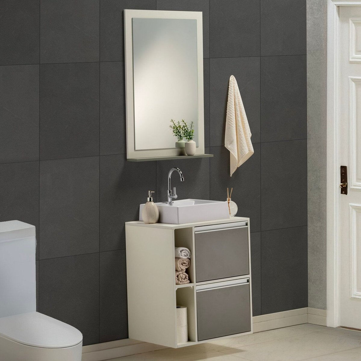 Gabinete E Espelheira Plena Premium 80cm Elite Cinza/branco