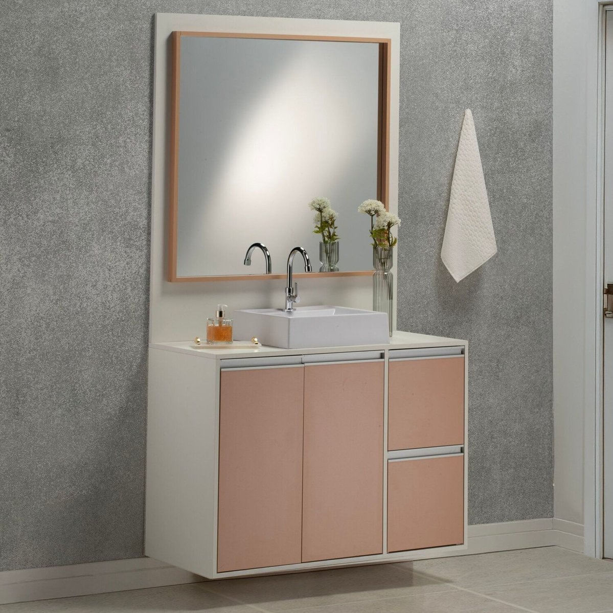 Gabinete E Espelheira Plena Premium 100cm Elite Branco/salmão