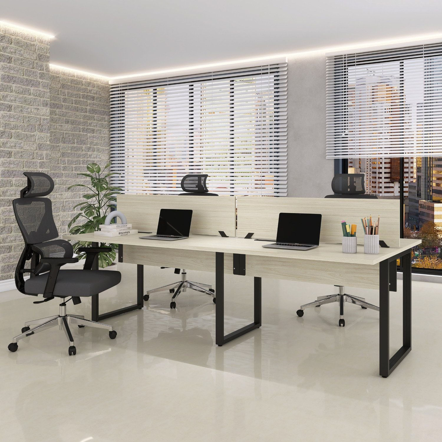 Plataforma Dupla Escrivaninha 4 Lugares 220x120cm Tub Corporativa Light Castanheira Natural/preto