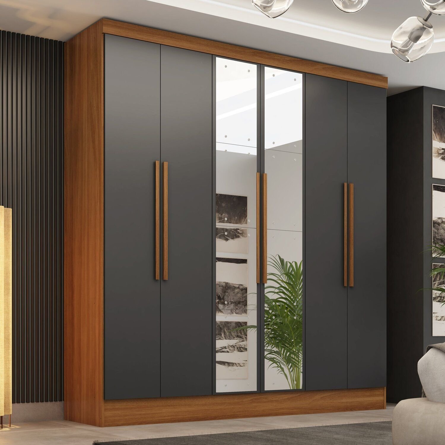 Guarda-roupa 6 Portas 3 Gavetas Com Espelhos Lisboa Espresso Móveis Cinamomo/cinza