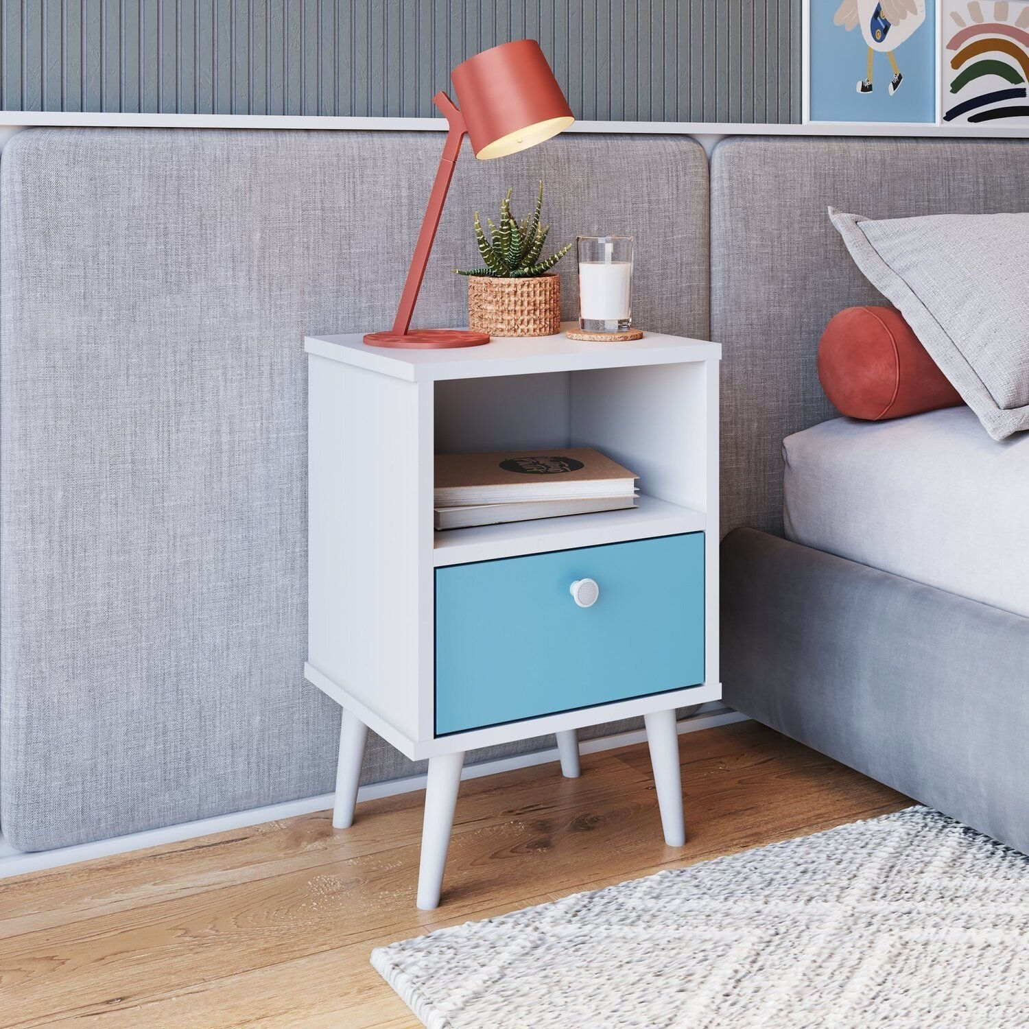 Mesa De Cabeceira Infantil 1 Gaveta Quarto Branco/azul