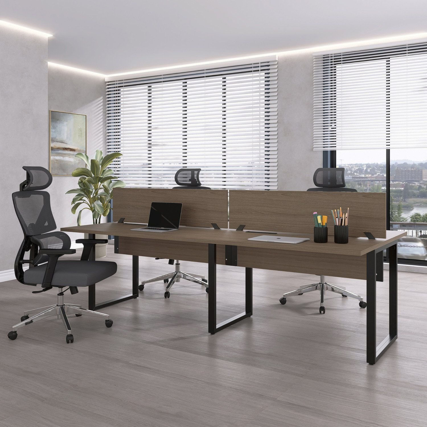 Plataforma Dupla Escrivaninha 4 Lugares 220x120cm Tub Corporativa Light Walnut/preto