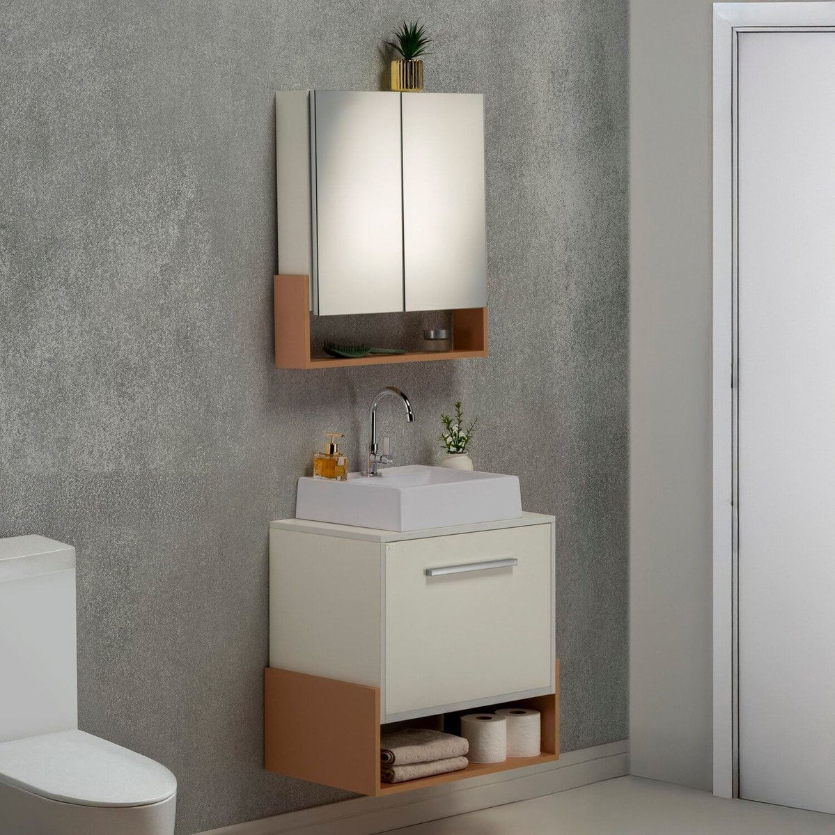 Gabinete E Espelheira 80cm Inspira Design Salmão/branco