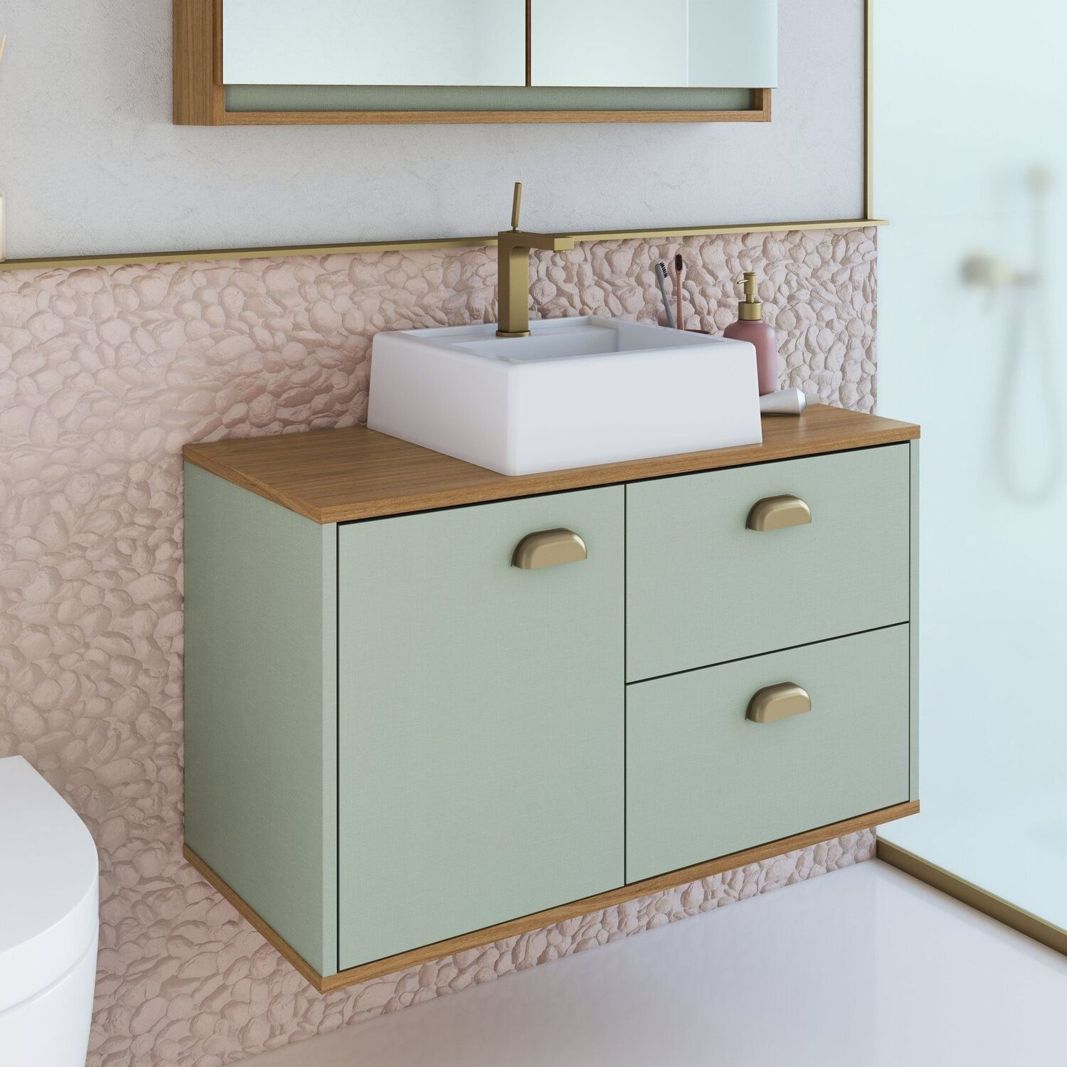 Gabinete De Banheiro 80cm 100% Mdf Com 1 Porta E 2 Gavetas Com Cuba Lívia Freijó/moscatel