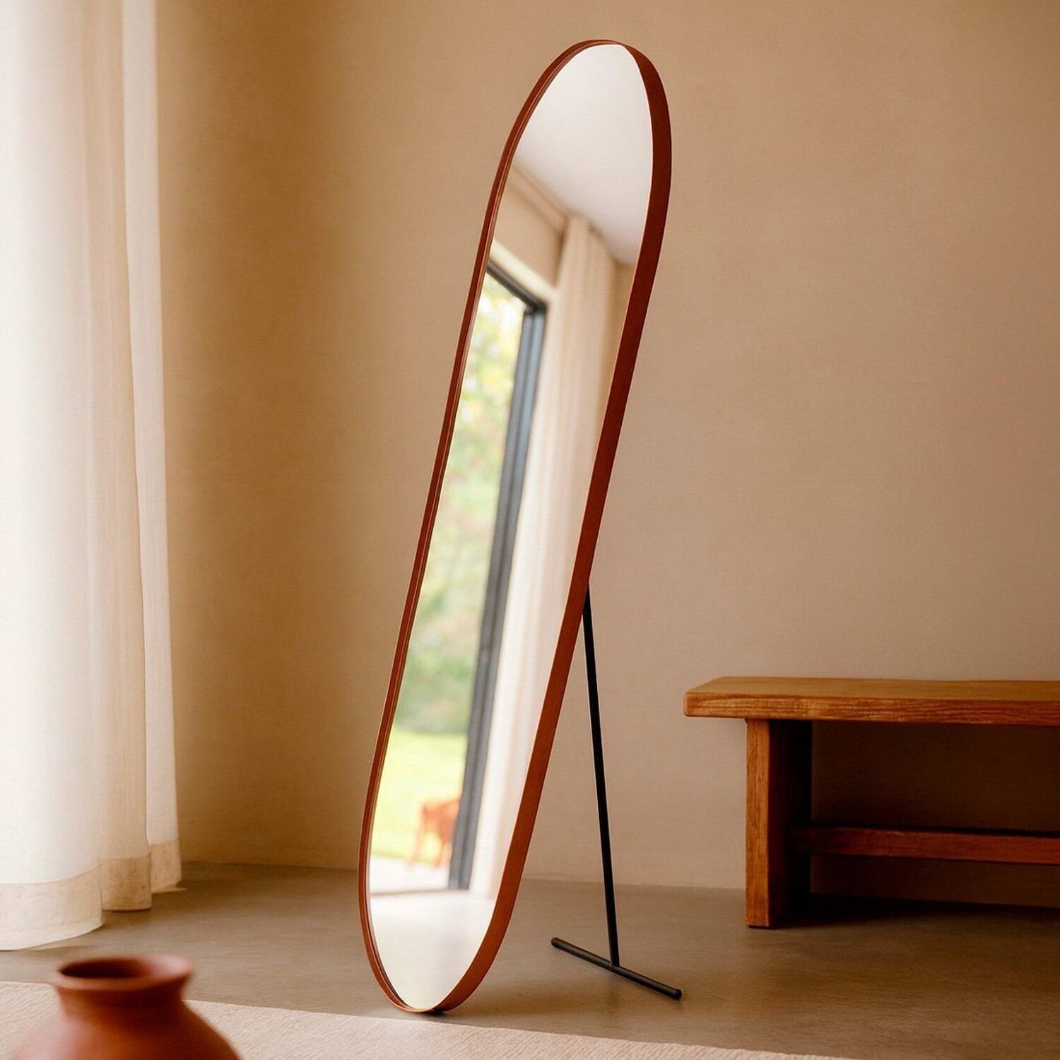 Espelho Orgânico Pílula 36x146cm Com Suporte De Chão Decorativo Sala Banheiro Quarto Caramelo