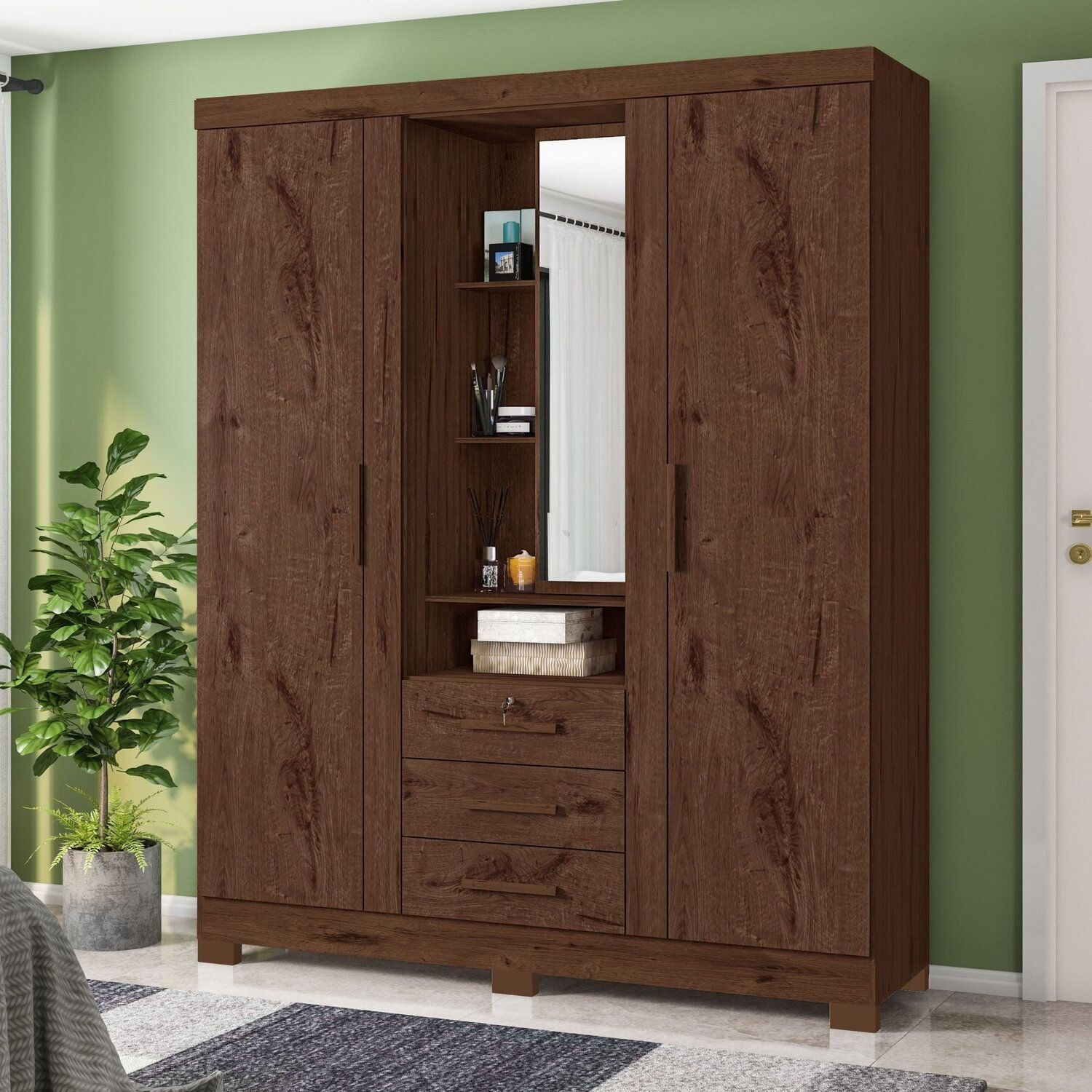 Guarda-roupa Solteiro 3 Portas 3 Gavetas Capelinha Premium Jacaranda
