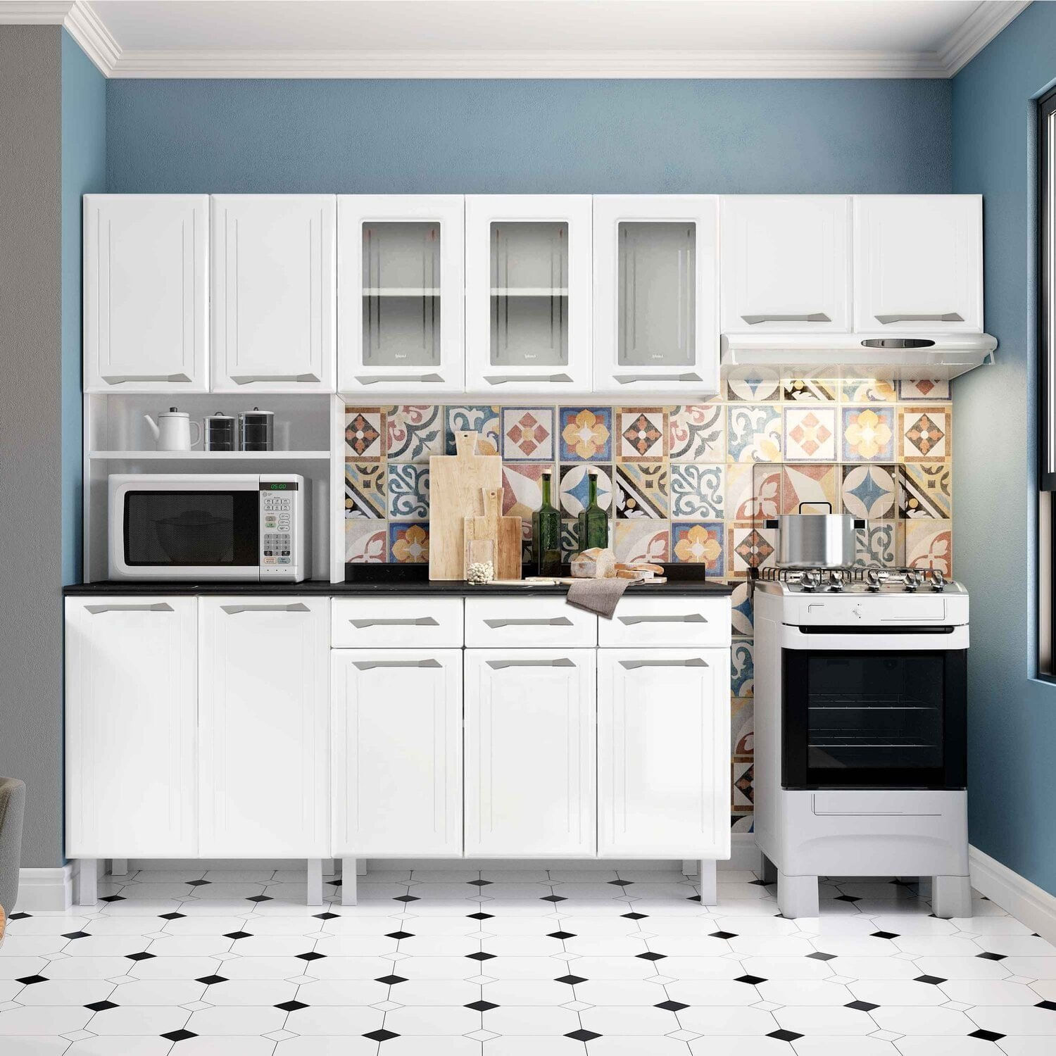 Cozinha De Aço Completa Com Nicho Para Micro-ondas 4 Peças Topázio Branco