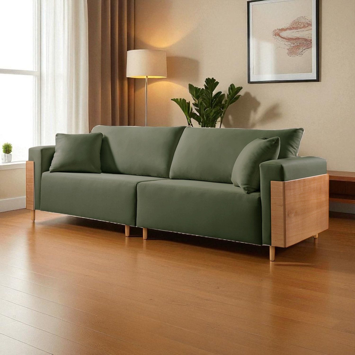 Sofá Fixo Heitor 4 Lugares Luxo Pé De Madeira 2,40m Castellar Móbile Veludo Verde