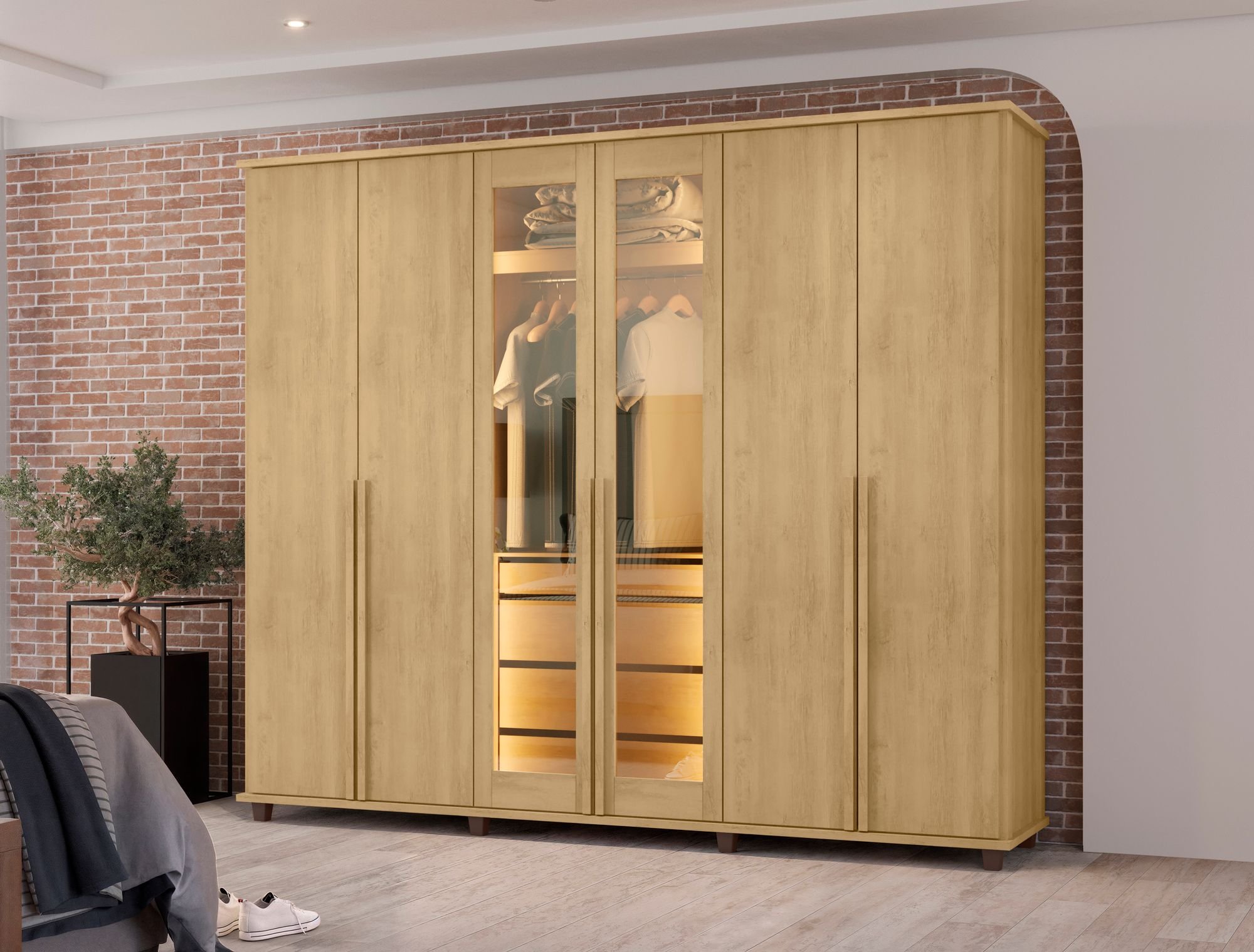 Guarda-roupa Casal 6 Portas 5 Gavetas Com Corrediças Telescópicas Nichos E Iluminação Led Bélgica Cinamomo