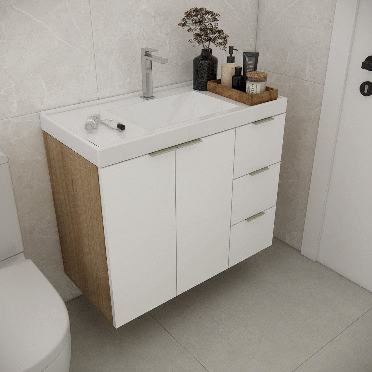 Gabinete De Banheiro Com Cuba 79,6cm Gaveta Direita Vittare Carvalho/branco