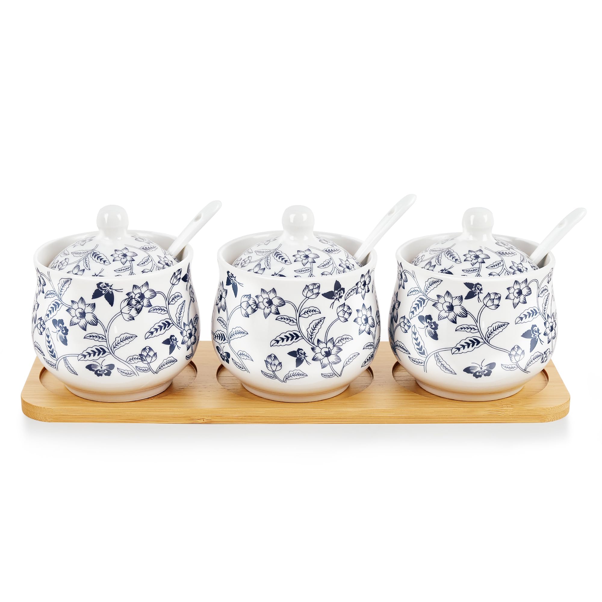 Conjunto De Açucareiro De Cerâmica Fanquare Azul E Branco Floral 280 Ml