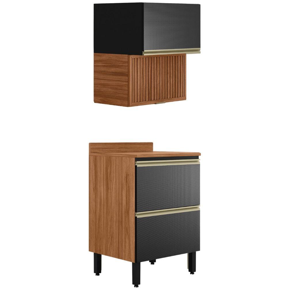 Balcao Com Tampo E Armario Aereo Ripado 60 Cm Proenca Nogueira Carbono Prime Demartez