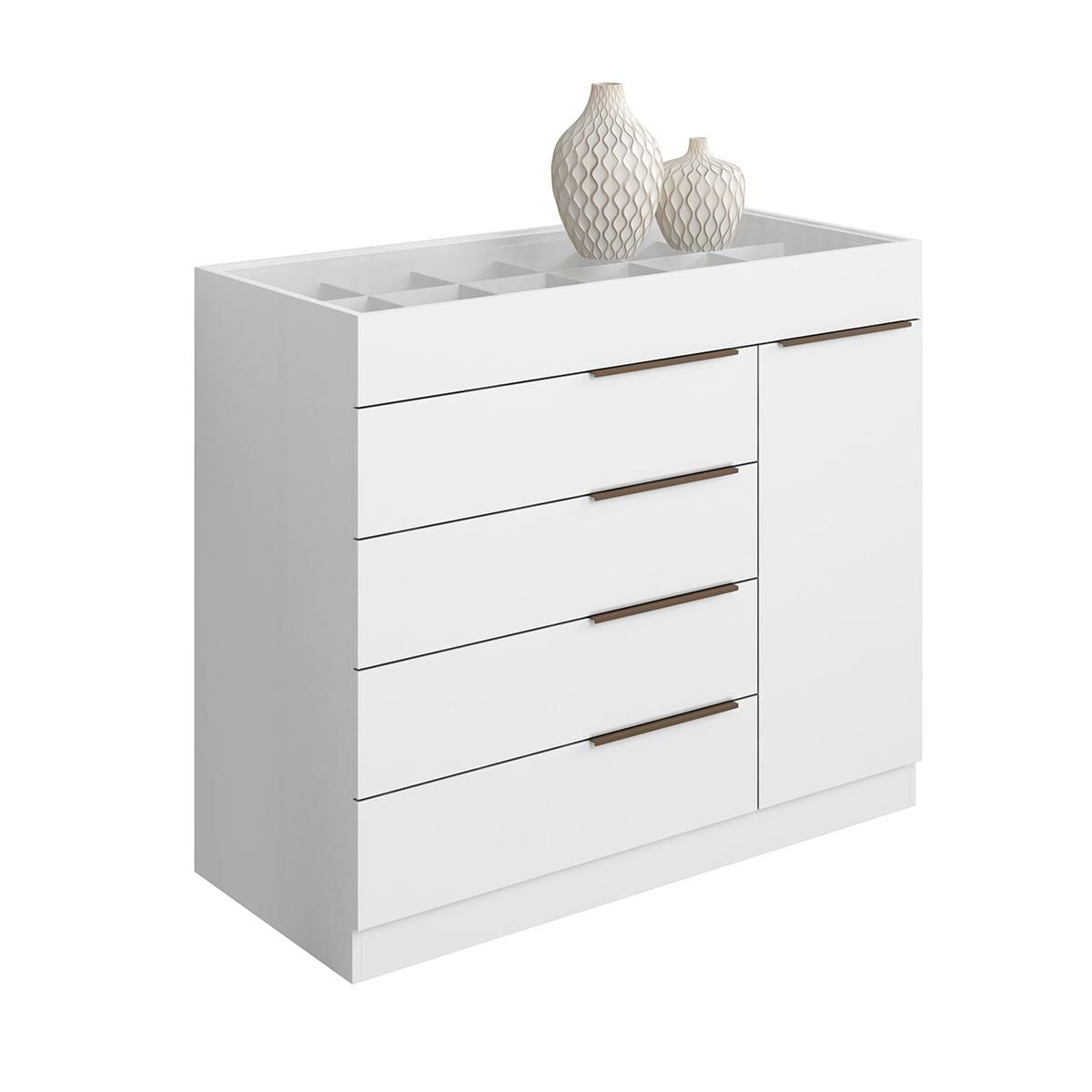 Comoda Sevilha Quarto Com 5 Gavetas E 1 Porta Tampo De Vidro Branco