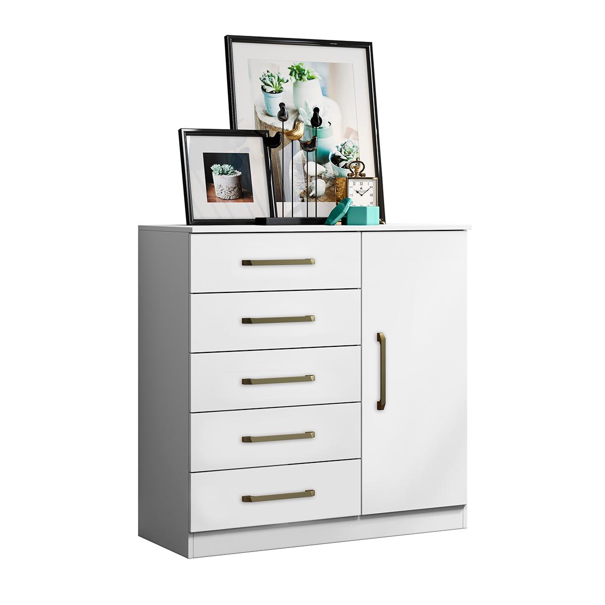 Comoda Milão Quarto Com 5 Gavetas E 1 Porta Funcional Branco