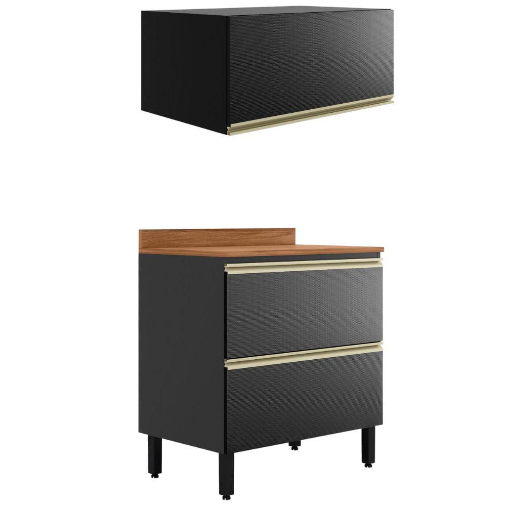 Balcao Com Tampo E Armario Aereo 80 Cm Proenca Nogueira Carbono Prime Demartez