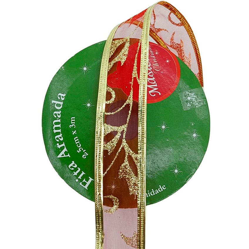 Rolos Fitas Aramada Ramos Natalino Gliter 2,5cm 3m Kit 6pçs - imagem 3