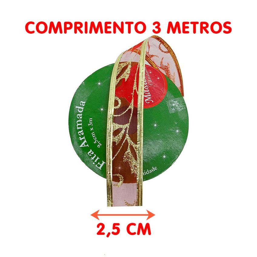 Rolos Fitas Aramada Ramos Natalino Gliter 2,5cm 3m Kit 6pçs - imagem 5