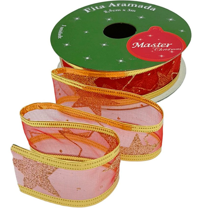 Rolos Fitas Aramada Estrelas Natal Gliter 2,5cm 3m Kit 6pçs - imagem 2