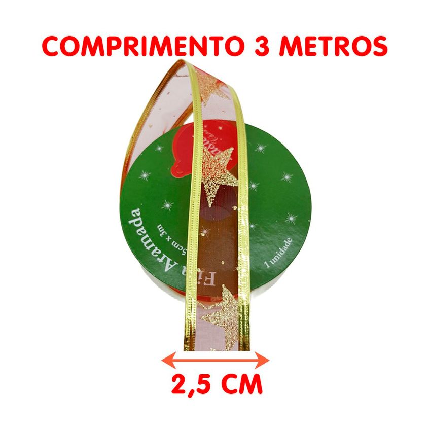 Rolos Fitas Aramada Estrelas Natal Gliter 2,5cm 3m Kit 6pçs - imagem 5